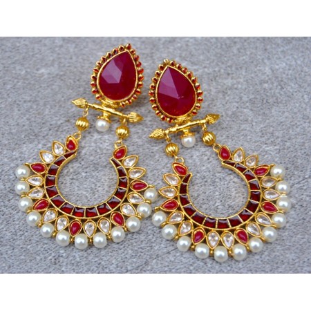 Polki Diamond Chand Bali Earrings with  Ruby Drop Stud 